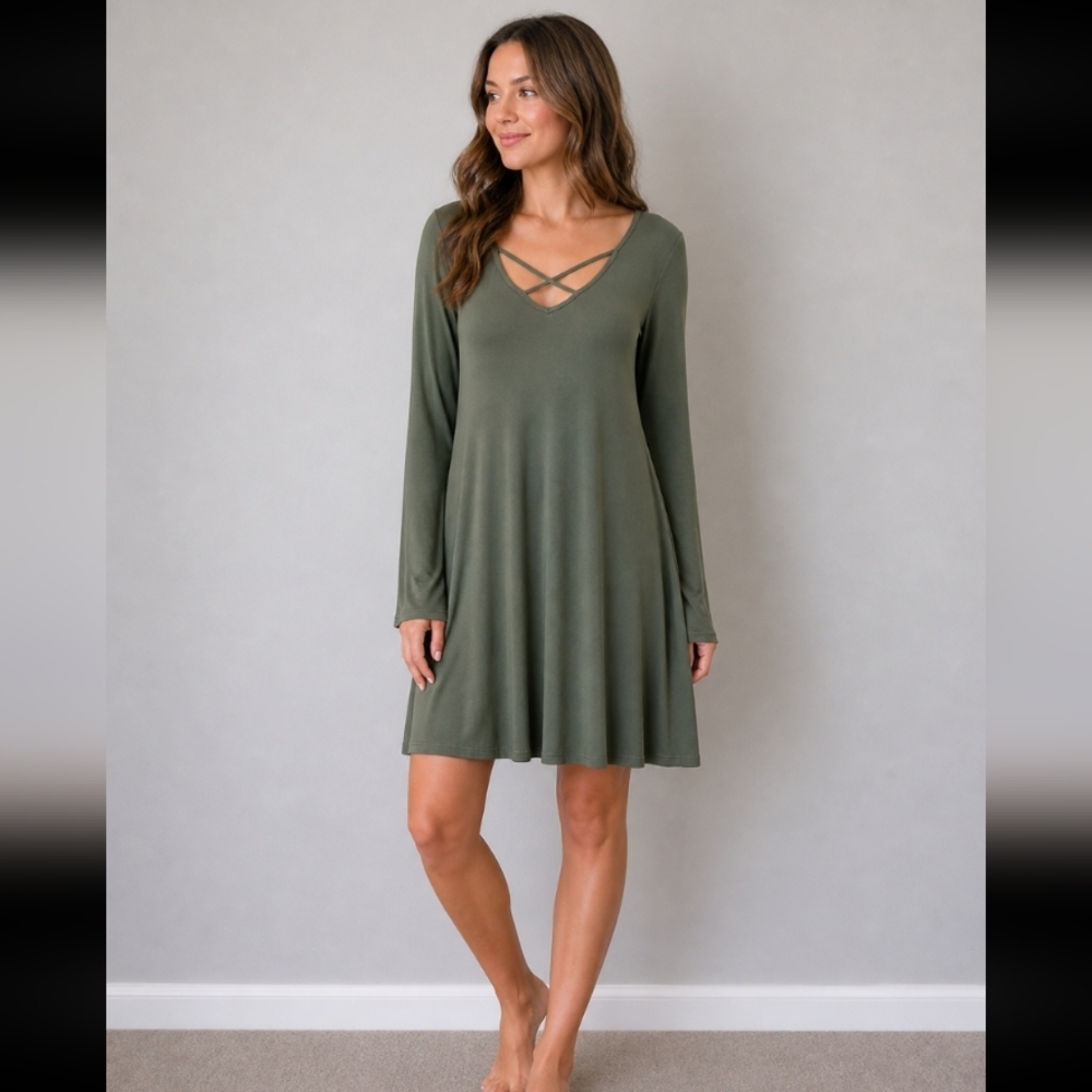 VANITY ROOM Super Stretchy V Neck/Back Strappy Olive Dress M